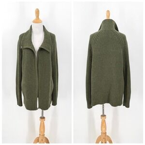 WHITE + WARREN Sustainable Lofty Blend Ribbed Coatigan Medium Olive Green Chunky